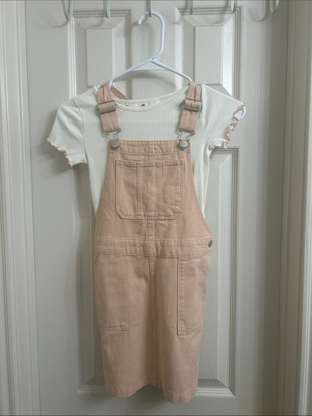 Cream Ribbed Tee with Blush Pink Overall Dress